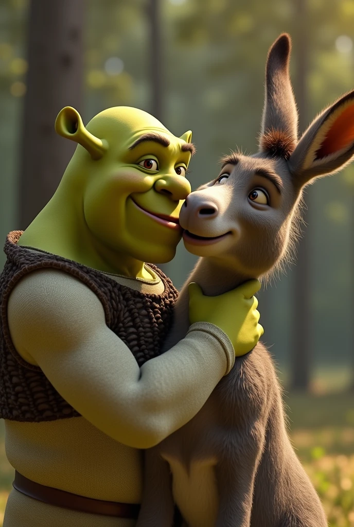 Shrek kissing a donkey really nice and intensely on the mouth