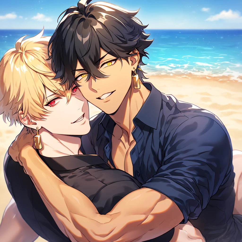 absurdres, highres, ultra detailed, HDR, master piece, best quality, detailed eyes, extremely detailed, delicated features, Gilgamesh, blonde hair, expressive red eyes, Fate Grand Order, Ozymandias, black hair, expressive yellow eyes, two sexy men hugging, gay couple, yaoi, handsome, manly man, dark blue shirt, unbuttoned shirt, black shirt, golden earrings, fantasy, sea, beach, blue sky