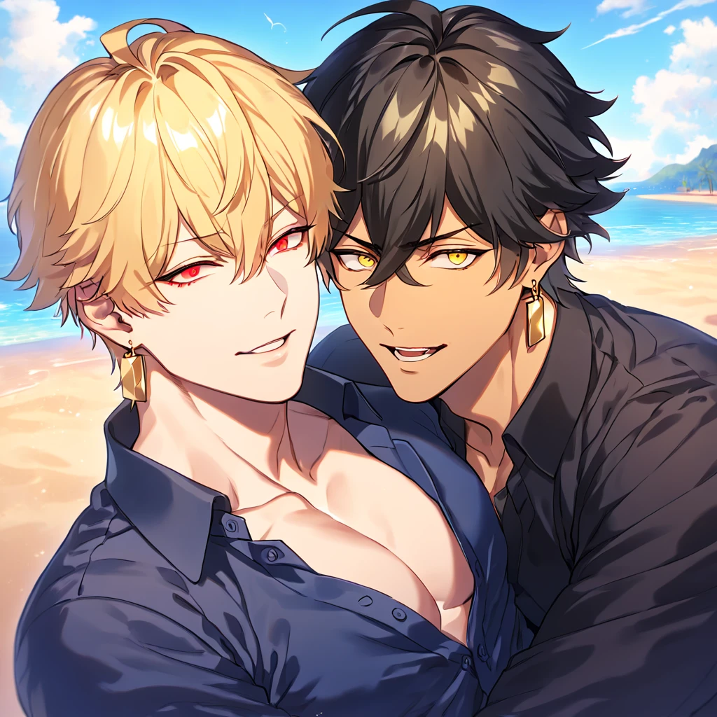 absurdres, highres, ultra detailed, HDR, master piece, best quality, detailed eyes, extremely detailed, delicated features, Gilgamesh, blonde hair, expressive red eyes, Fate Grand Order, Ozymandias, black hair, expressive yellow eyes, two sexy men hugging, gay couple, yaoi, handsome, manly man, dark blue shirt, unbuttoned shirt, black shirt, golden earrings, fantasy, sea, beach, blue sky