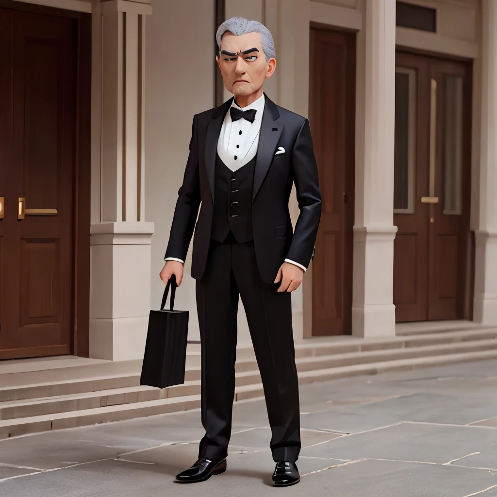 An elderly butler with grey hair and slicked back hair、Full body photography、Black tuxedo、Troubled face、tall、elongated body shape、Long and narrow face