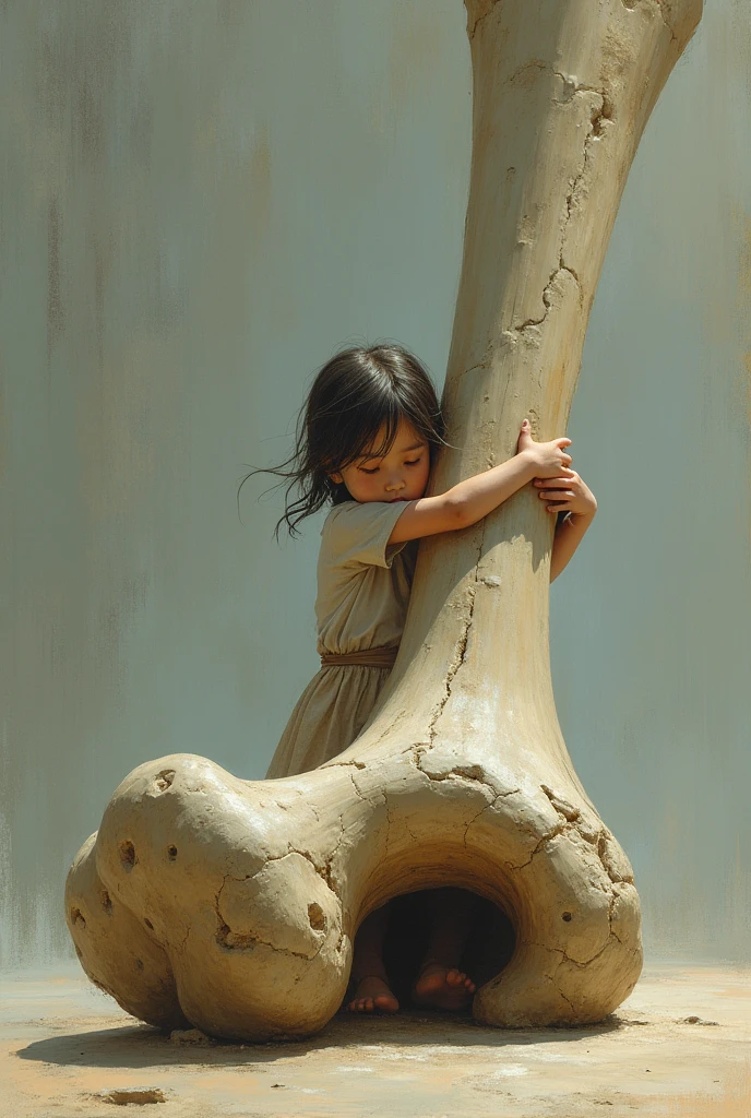 The girl is hugging a bone that is much larger than her body, the bone is lying flat on the floor, the girl is hugging it from above.