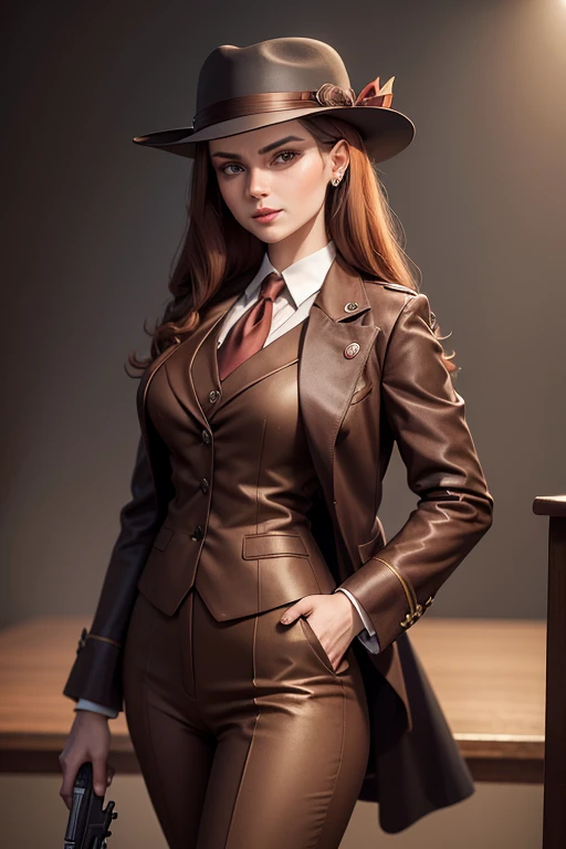 adagio dazzle as commisioner tudor miclovan sergiu nicolaecu female cu mainile curate 1945 with brown suit and brown fedora with a smith and wesson victory model 10th revolver