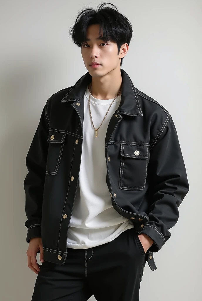 create a korean man with young and beautiful face, black and spiky hair, Cao Cao, muscular and casual style clothing