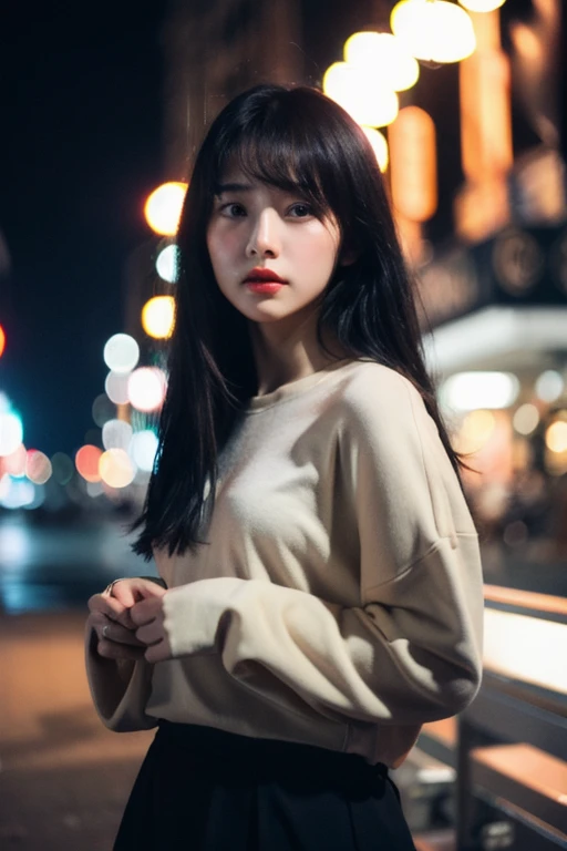 (Cinematic aesthetics:1.4) Bokeh city night photo of beautiful Korean fashion model