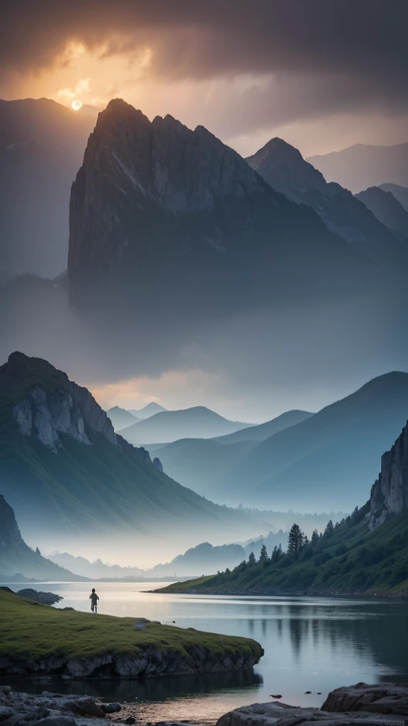 photo RAW,(spring,mountains and a storm lake with a moon in the sky, old wooden slab home, 4k highly detailed digital art, 4 k hd wallpaper very detailed, impressive fantasy landscape, sci-fi fantasy desktop wallpaper, 4k wallpaper, 4k detailed hdr photography, sci-fi fantasy wallpaper, epic dreamlike fantasy landscape, 4k hd matte, 8k,Realistic, realism, hd, 35mm photograph, 8k), masterpiece, award winning photography, natural light, perfect composition, high detail, hyper realistic, (composition centering, conceptual photography)