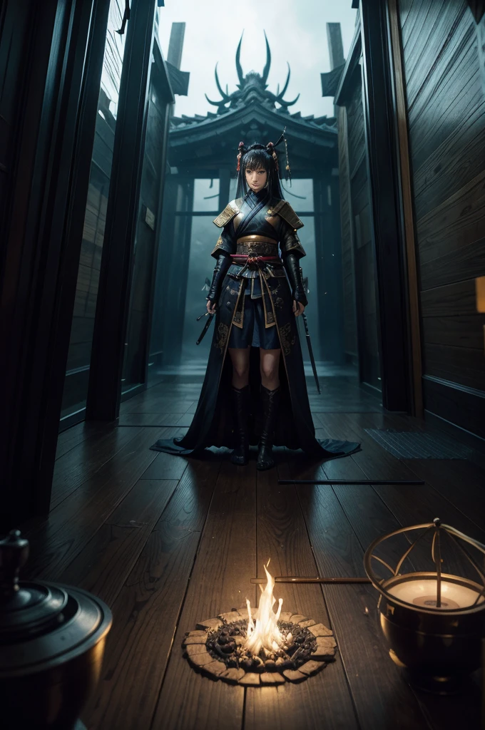 Samurai woman inspired on blockchain technology and videogames with a very big sword bigger than her like on Bleach movie and gueisha costumes, hollow enemies surrounding her, high tech futuristic mysterious atmosphere, deep dark blue and golden yellow, 4D, 8K, surrealism photorealistic, dreamlike, big and complex composition storytelling, masterpiece, artwork by Bernie Wrightson, artwork by Jeremy Mann, Impressionism