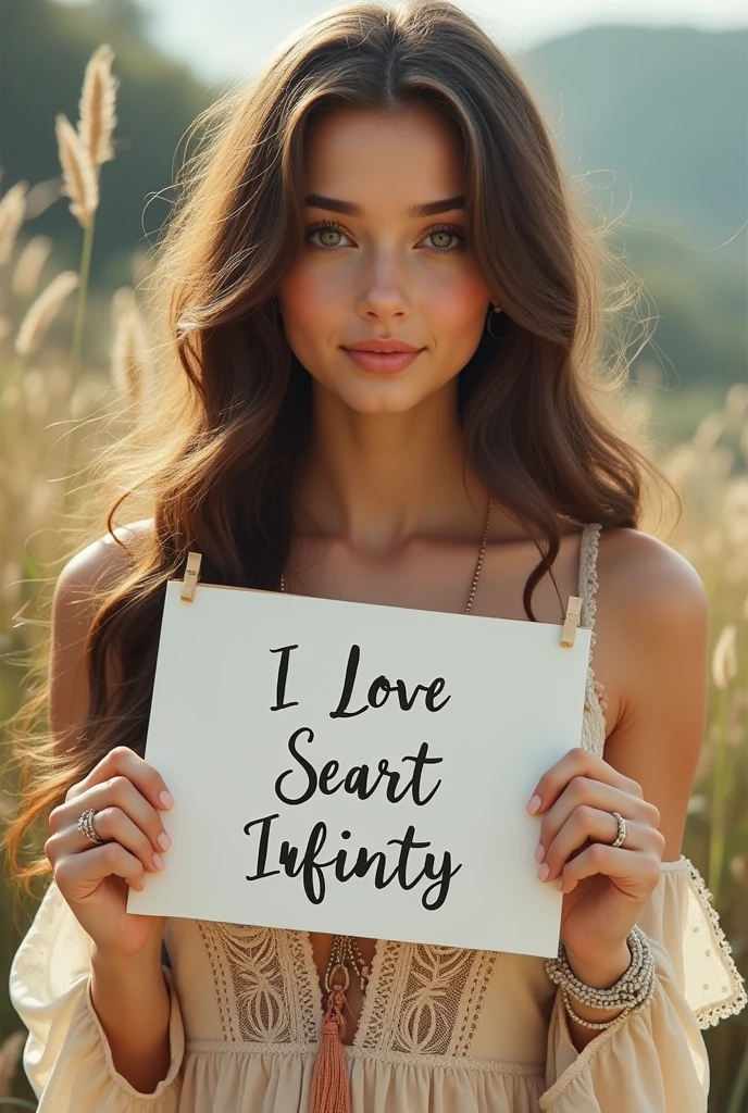 Beautiful girl with wavy long hair, bohemian dress, holding a white board with text "I Love Seaart Infinity" and showing it to the viewer