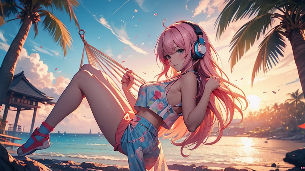 Woman wearing headphones, Anime Style 4 k, anime wallpaper 4k, anime wallpaper 4k, 4k anime wallpaper, anime art wallpaper 4k, anime art wallpaper 4k, Anime Style. 8k, Anime atmosphere, , Ultra HD Anime Wallpaper, Anime Art Wallpaper 8K, Anime Background,landscape、summer、island、hammock、hammockに揺られる、Beach