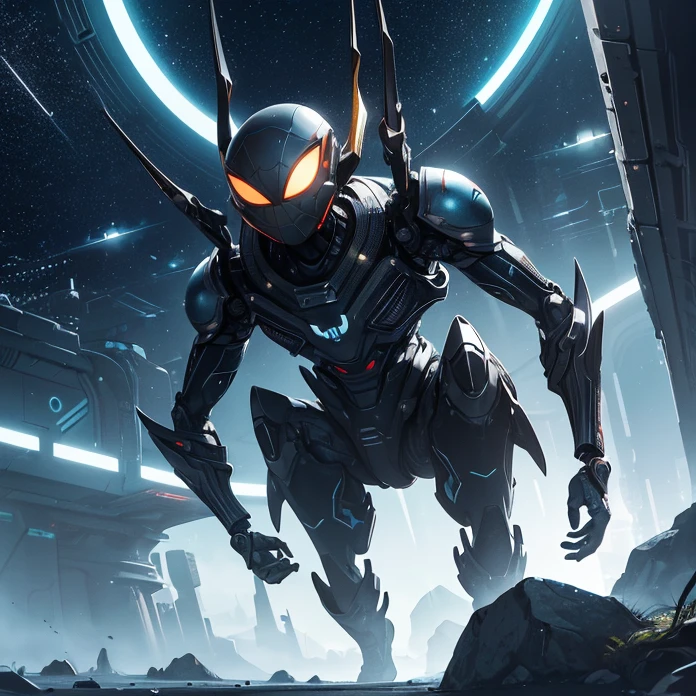 Absurdres, best high quality, high resolution, masterpiece, best quality, HD, solo character, simple background, science fiction, alien being, solo, full design, front view, arachnid creature
{{giant biomechanical spider: (spider face, has 10 light-blue rounded spider eyes, silver spider mouth tendrills, four spider orange metalic legs, rounded blue colored metalic body, spider tail similar to a steel silver capsule), (walking calmly and peaceful, projecting a grey ologram screen on its back with only a little squared platform behind), (green sky, black stars on the sky, white stars on the sky, dark green clouds, yellow planet atmosphere, giant rounded mountains at the far side)}}