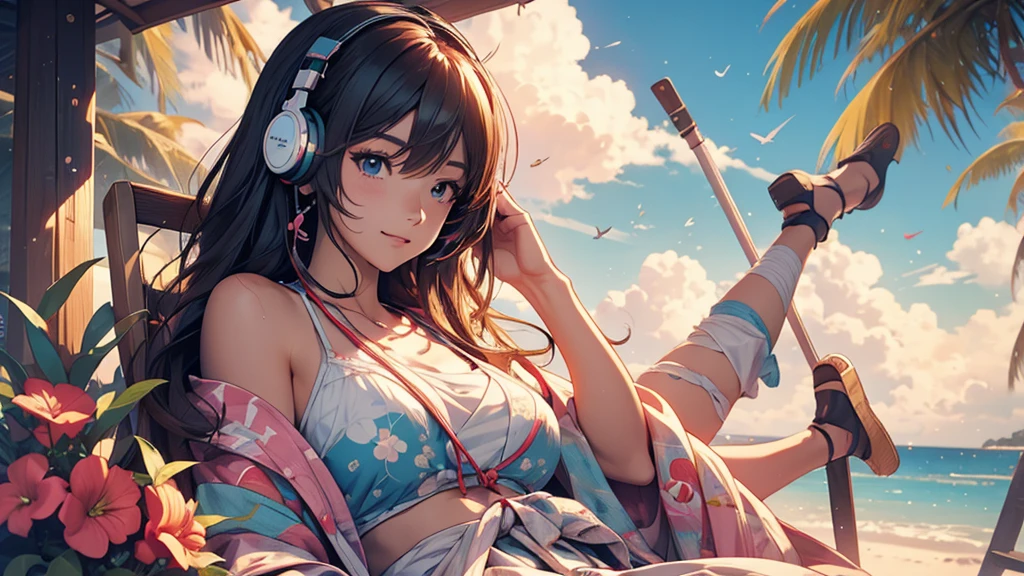 Woman wearing headphones, Anime Style 4 k, anime wallpaper 4k, anime wallpaper 4k, 4k anime wallpaper, anime art wallpaper 4k, anime art wallpaper 4k, Anime Style. 8k, Anime atmosphere, , Ultra HD Anime Wallpaper, Anime Art Wallpaper 8K, Anime Background,landscape、summer、island、hammock、hammockに揺られる、Beach