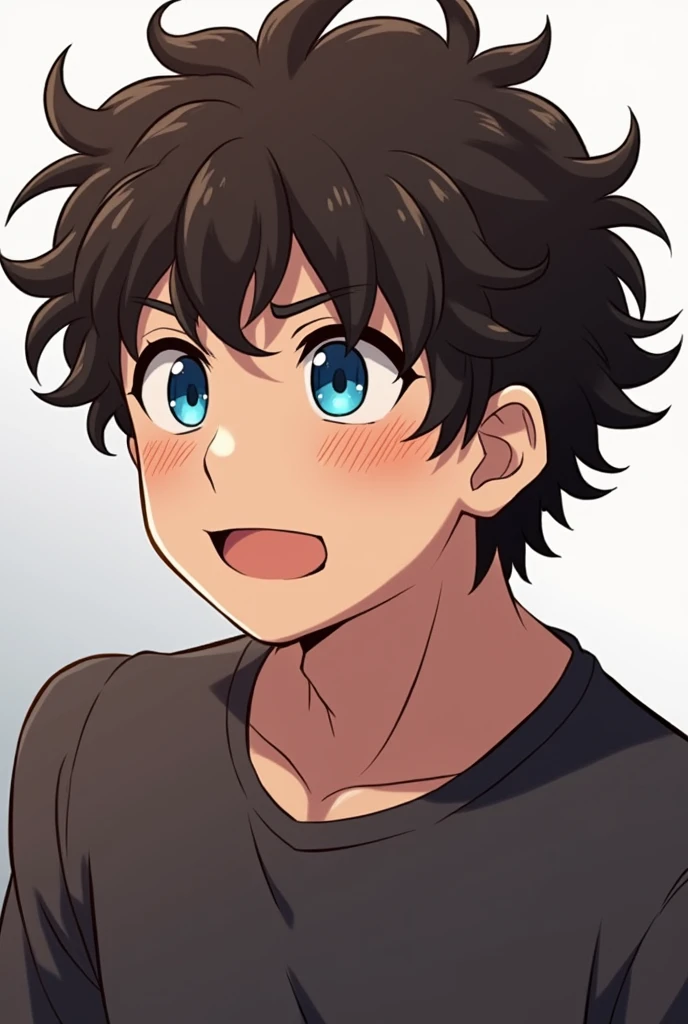 Dad, , strong guy, anime style, high detailed, highest quality, masterpiece, dark brown hair, curly hair, blue eyes, shoulder length hair, guy, male, daddy, dad, 