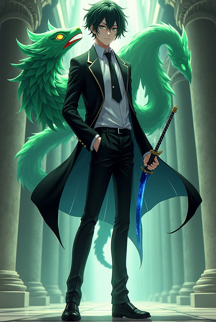 Kenja Ashura a handsome elegant Assassin with short black-green hair in a black and white suit Dazai styles from Bungou to Alchemist with white eyes with black shoes, cheerful and funny personality with a blue katana, green phoenix version 