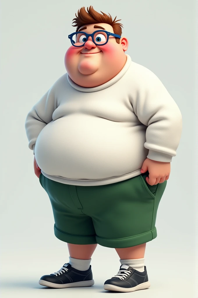 Chubby young man with brown and white hair, blue glasses, short verde, white long sleeve flannel, black sports shoes