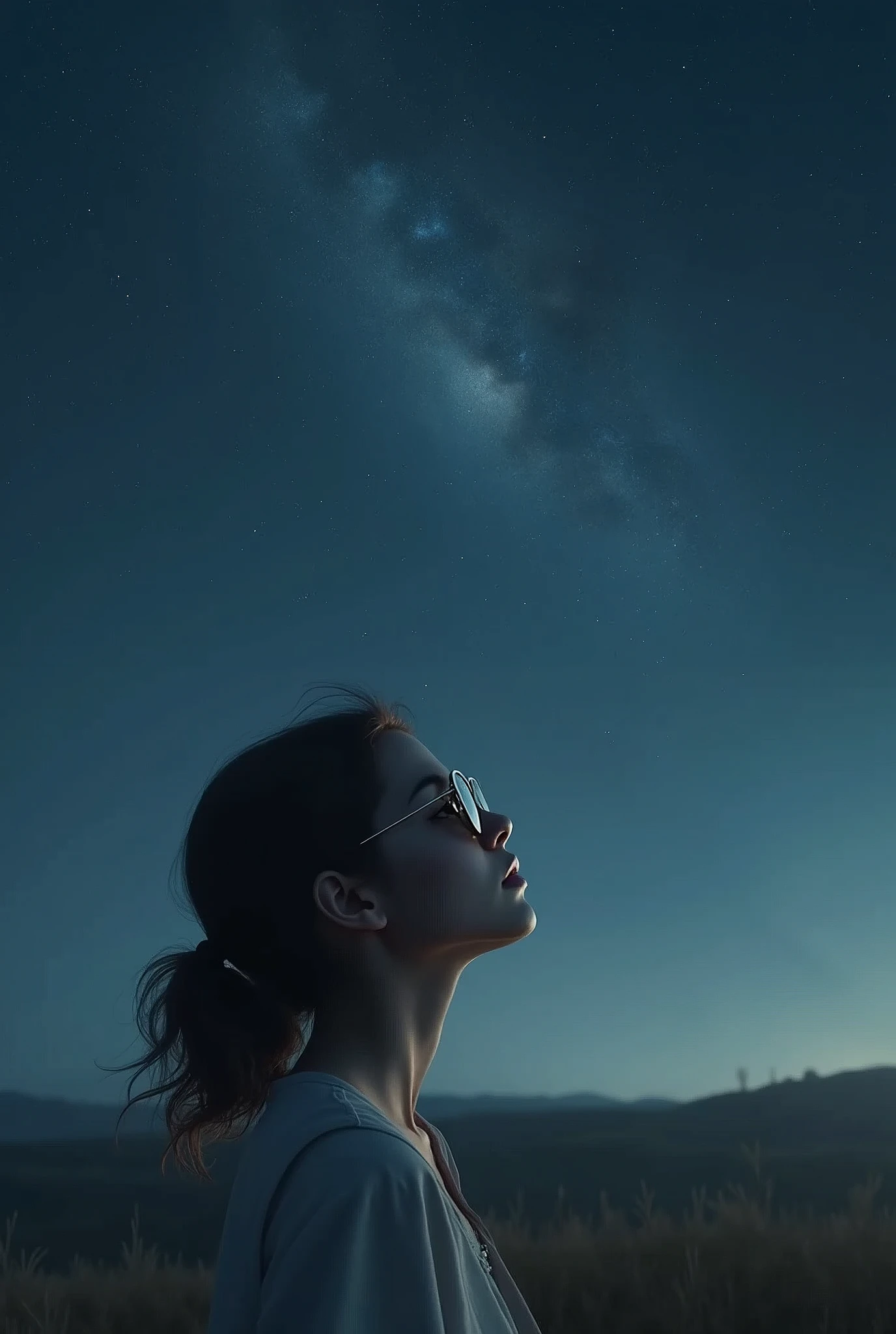 [Core Concept]
A young woman gazes up at the vast, starry night sky, her eyes concealed behind a pair of stylish sunglasses.

[Character Description]
The girl is depicted as a youthful, elegant figure, her features softened by the dim, ethereal lighting of the night. Her expression is one of wonder and contemplation as she takes in the grandeur of the cosmos above.

[Environment/Background]
The scene is set against a serene, nocturnal landscape, with the girl situated in an open, tranquil outdoor setting, perhaps a grassy field or a secluded hilltop, allowing for an unobstructed view of the celestial expanse.

[Style and Atmosphere]
The overall atmosphere is one of serenity and introspection, with a dreamlike, almost surreal quality to the scene, enhanced by the use of muted, moody tones and a sense of timelessness.

[Composition]
The composition places the girl at the center of the frame, her upturned gaze drawing the viewer's attention towards the captivating night sky, creating a sense of scale and wonder.

[Details and Embellishments]
Subtle details, such as the gentle breeze rustling the girl's hair or the faint glow of distant stars, add depth and realism to the scene, further immersing the viewer in the tranquil, contemplative moment.

[Technical Specifications]
The image is rendered with a high level of detail and precision, utilizing a combination of photorealistic and stylized elements to create a visually striking and emotionally evocative representation of the scene.