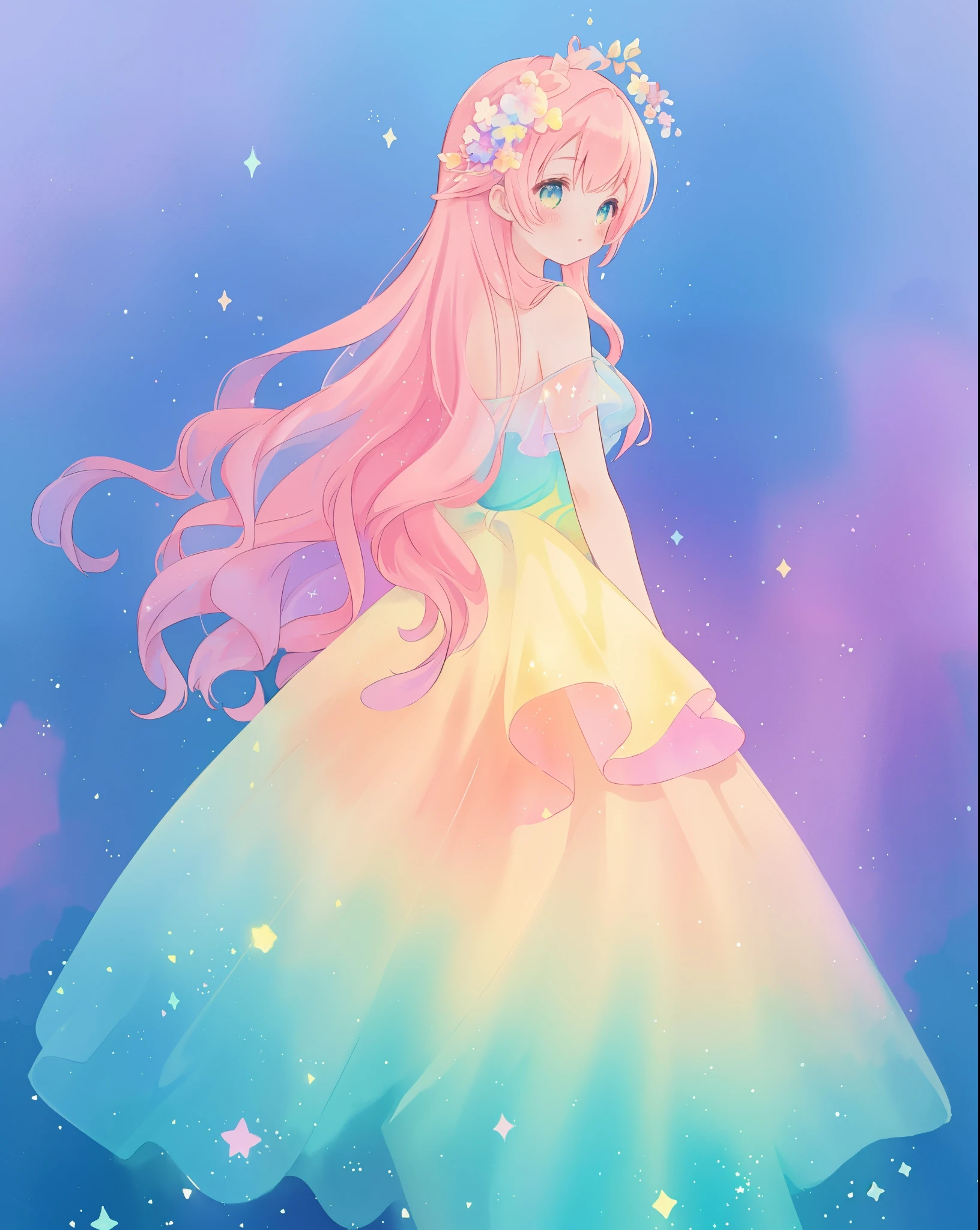 beautiful girl in sparkling gradient ballgown, long wavy peach pink hair, vibrant pastel colors, (colorful), colorful watercolor background, ethereal, magical lights, sparkling liquid light, disney art style, fantasia background, whimsical, fantasy, beautiful face, ((masterpiece, best quality)), intricate details, highly detailed, sharp focus, 8k resolution, liquid watercolor