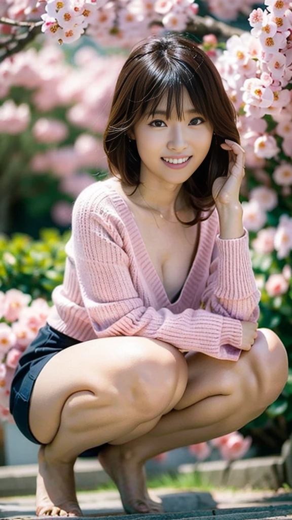 (((Perfect Anatomy))),((Ulzan 6500)),Highest quality,Very detailed,masterpiece,Very detailedな,In front of plum blossoms in full bloom、Squatting pose on knees with arms folded.,A low frontal angle showing underwear,超High resolution,(Realistic:1.4,8k),Under the dazzling morning sun、Posing with chin tucked in at a park with plum blossoms in full bloom.,20-year-old woman looks beautiful just by squatting,slim, Muscular, Big hips are attractive.,((Perfect size red knit V-neck long sleeve mini skirt dress is the best match.)),Raised eyebrows and corners of the mouth、very adorable smile,A proud chestnut-colored short bob,High nose and chiseled face,Elegant appearance,Dynamic full-body portrait,Magic lighting,Bright colors,Melt the background with deep depth of field using Hasselblad,(Highest quality,4K,8k,High resolution,masterpiece:1.2),(Realistic,Realistic:1.37),