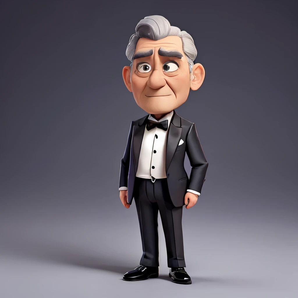 An elderly butler with grey hair and slicked back hair、Full body photography、Black tuxedo、Troubled face、tall、elongated body shape、Long and narrow face
