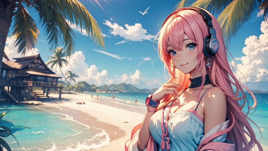 Woman wearing headphones, Anime Style 4 k, anime wallpaper 4k, anime wallpaper 4k, 4k anime wallpaper, anime art wallpaper 4k, anime art wallpaper 4k, Anime Style. 8k, Anime atmosphere, , Ultra HD Anime Wallpaper, Anime Art Wallpaper 8K, Anime Background,landscape、summer、island、hammock、hammockに揺られる、Beach