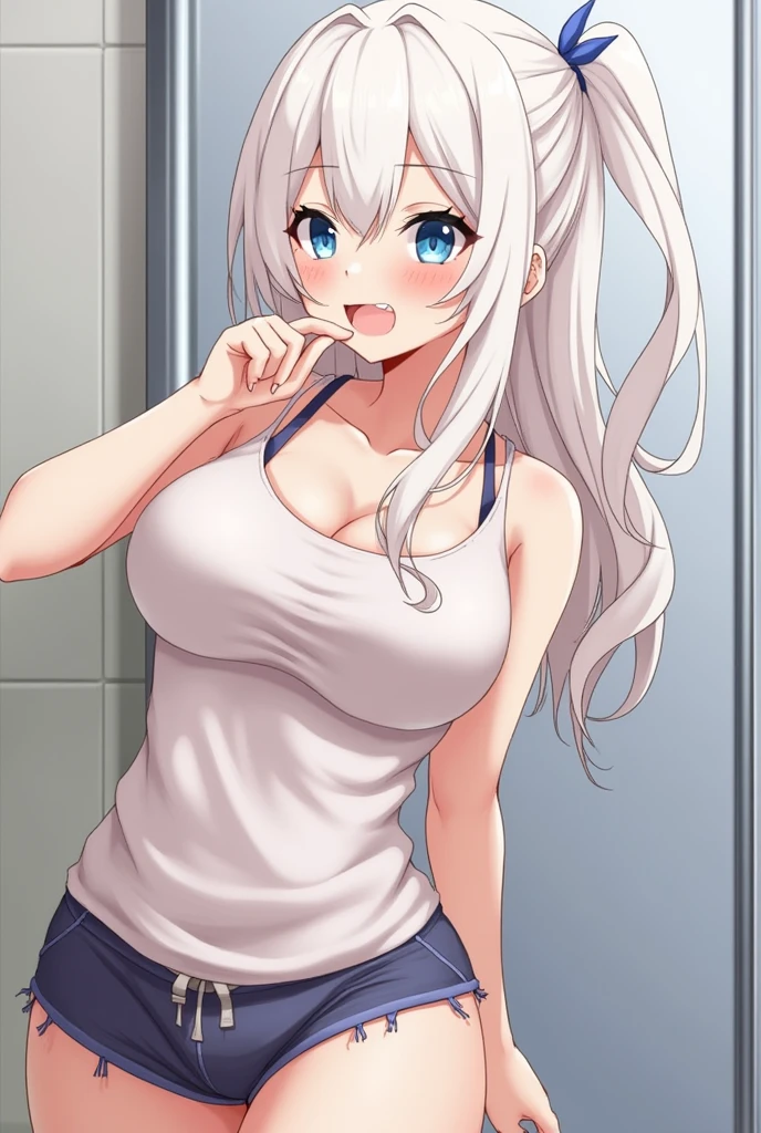 score_9, score_8_up, 1girl, white hair, rubbing chin, wink, from the side, rubbing boobs, twerking ass, ripped clothing, big ass, sweaty ass