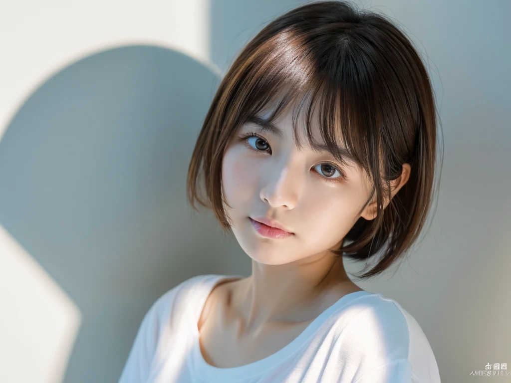 ultra high res, RAW photo, 1 Japanese cute women in her 20s photos, upper body, Take a photo from the front, Portrait, surface focus, (light blush), white T-shirt, indoor, bright natural light shines softly on the white wall background, photon mapping, Physically based rendering, fluffy short hair, blunt bangs, ash hair color, Handsome, girly, slightly baby face, (Looks like Naenano's face:1.3), a slight distance between her eyes and eyebrows for an ennui look, Rich details