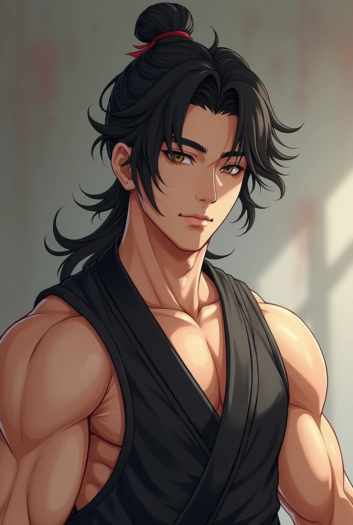 create a korean man with young and beautiful face, black hair and tuft, Cao Cao, muscular and sleeveless shirt