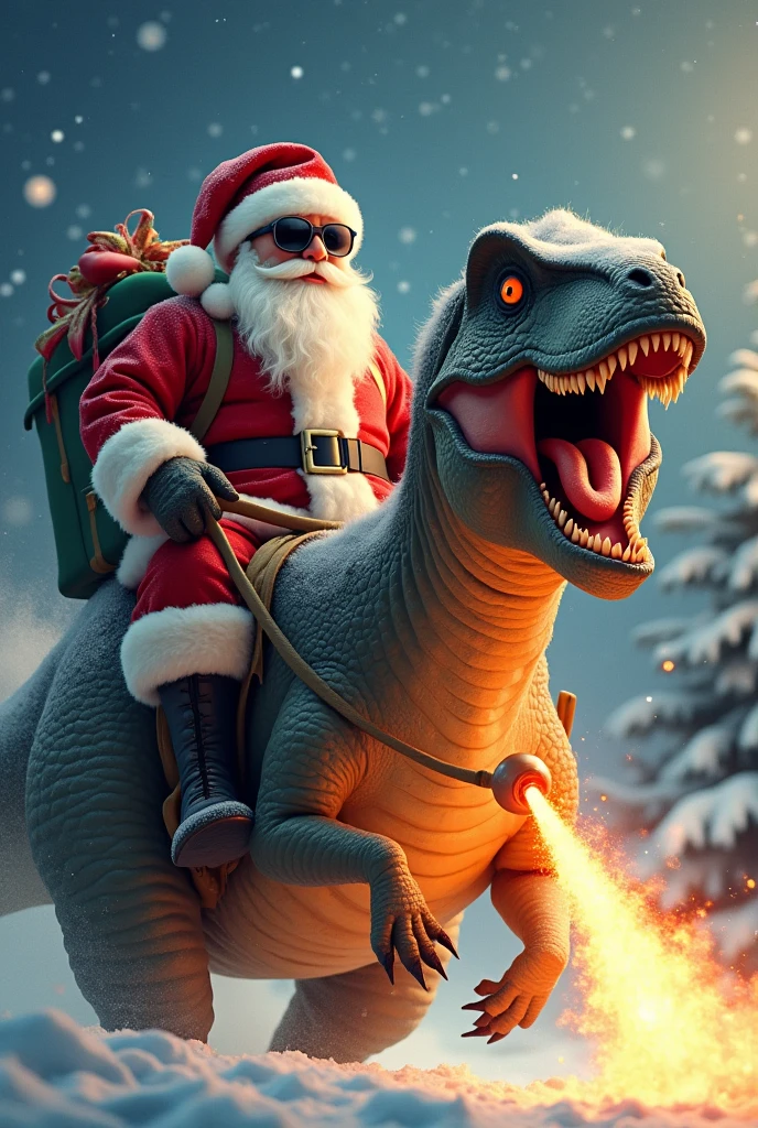 Santa Claus in sunglasses rides a fire-breathing dinosaur against a snowy Christmas background