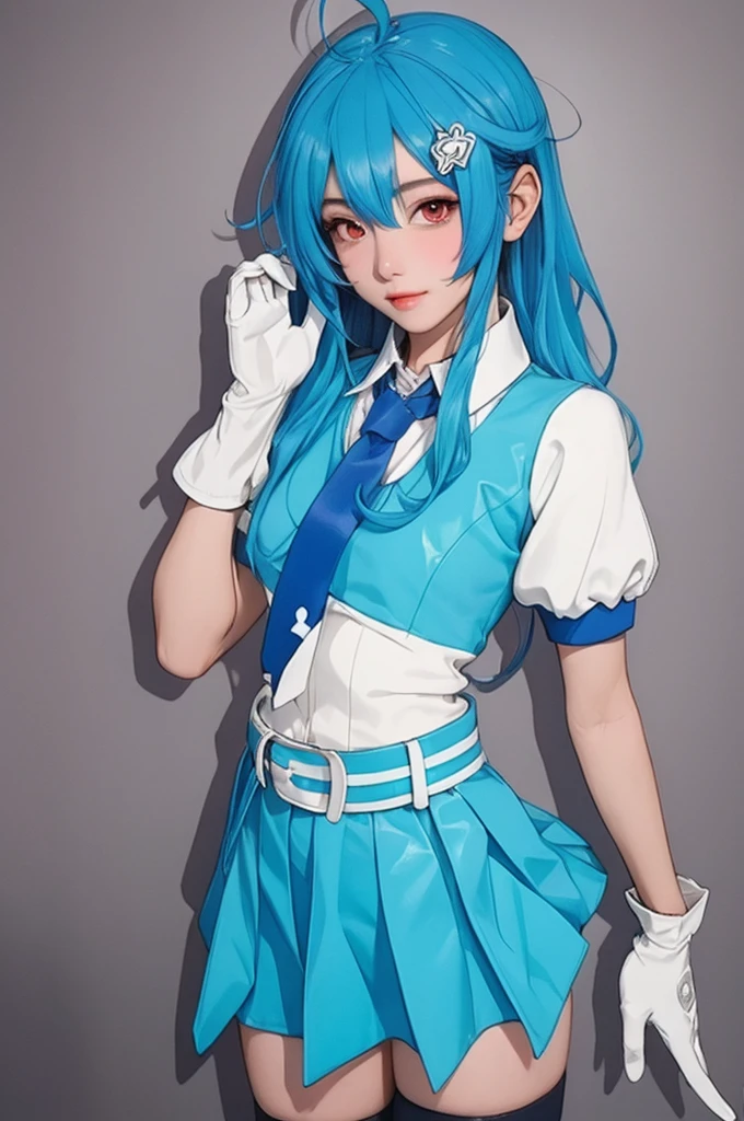 Super detailed,Very detailed,Highest quality,masterpiece,figure,Realistic,photoRealistic,
22 Nian, Bile Suit, One girl, Cosplay, alone, 
Aqua Hair, Long Hair, hair ornaments, Ahoge, Hair Ribbon, 
Collared shirt, puffy short sleeve, tie, belt, Pleated skirt, gloves, 
View your viewers, Are standing,
