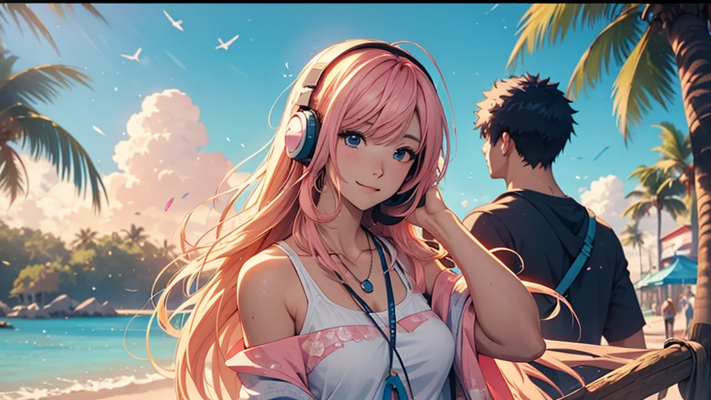Woman wearing headphones, Anime Style 4 k, anime wallpaper 4k, anime wallpaper 4k, 4k anime wallpaper, anime art wallpaper 4k, anime art wallpaper 4k, Anime Style. 8k, Anime atmosphere, , Ultra HD Anime Wallpaper, Anime Art Wallpaper 8K, Anime Background,landscape、summer、island、hammock、hammockに揺られる、Beach
