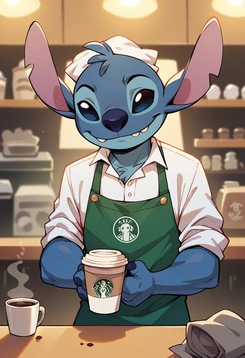Stitch in a coffee shop