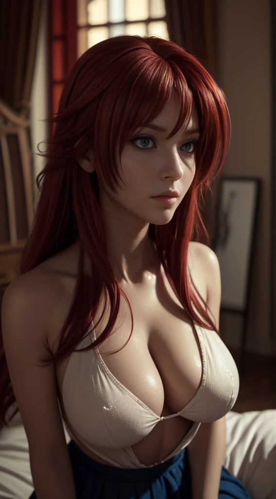 A girl, sexypose, Nudie, The character rias gremory, fragile,rias, Beautiful figure,mini skirt, red hair,blue Eyes,unbottoned shirt, sexy,big breasts, Realistic, Very detailed, handsome body, Detailed body, Detailed hands, Detailed, Vibrants, Detailed Face,rias' character design. Very detailed, Detailed body, Detailed hands, Detailed Face, anime art, extremely detailed CG unity 8k wallpaper, detailed light, Cinematic lighting, chromatic aberration, glittering, expressionless, epic composition, dark in the background, Cherecter Desing, Very detailed, Detailed body, Vibrants, Detailed Face, sharp-focus, anime art, Vibrants, Detailed Face, Hugh Details, sharp-focus,beautful face, A detailed eye, super fine illustration, better shadow, finely detail, Beautiful detailed glow, Beautiful detailed, Extremely detailed, expressionless, epic composition, Presented at artstation, Octane Render, artstation hd, Cinematic, 4 thousand., hypermaximalist, elegant