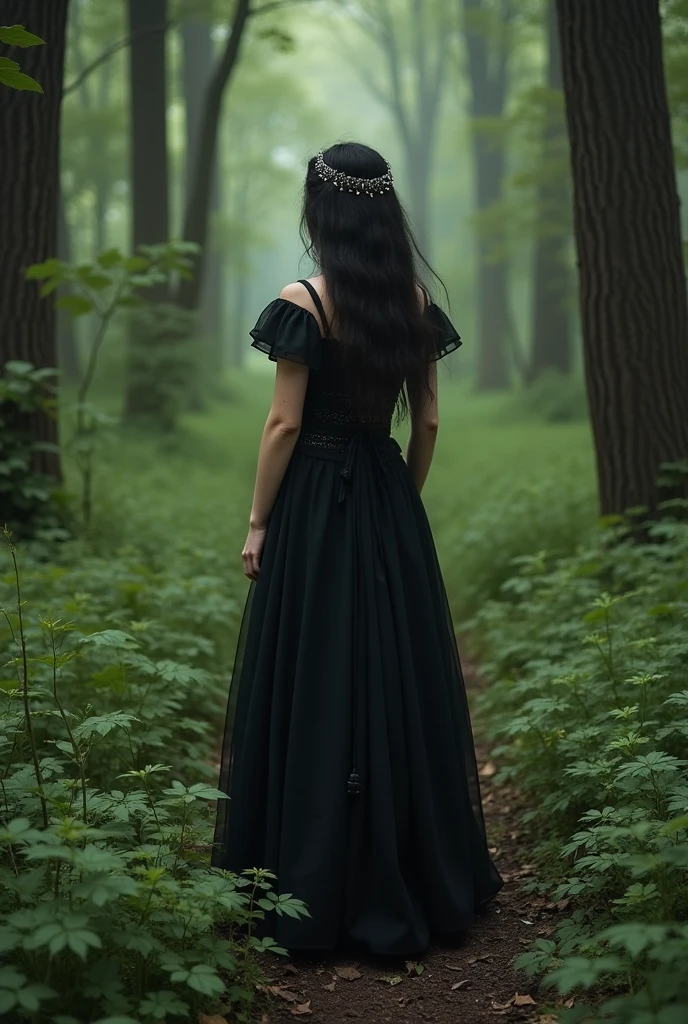 girl gothic walk in forest in dress