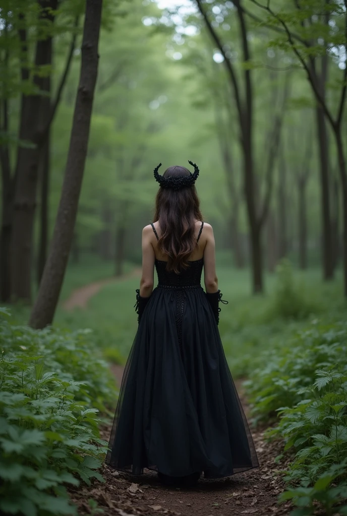 girl gothic walk in forest in dress