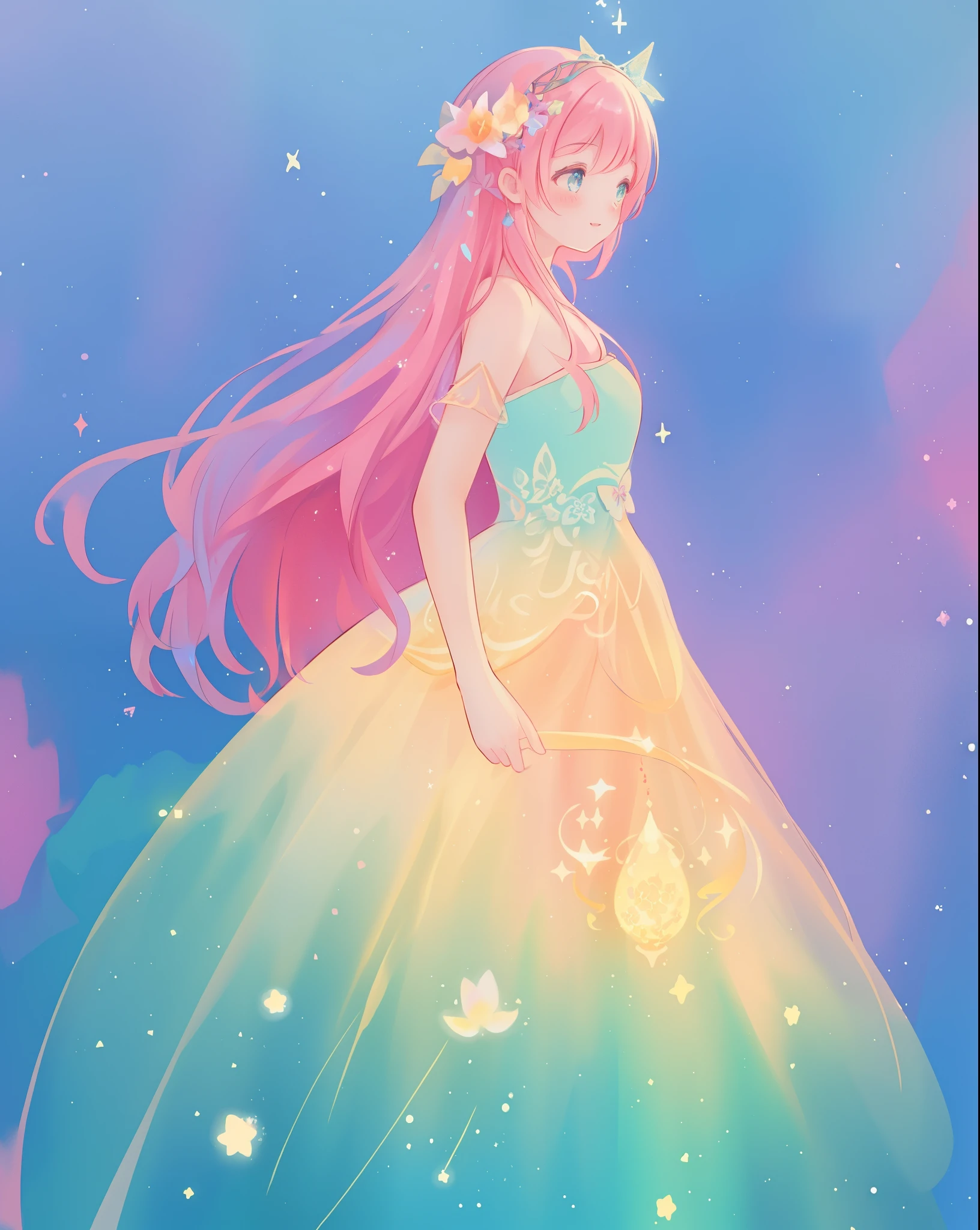 beautiful girl in sparkling gradient ballgown, long wavy peach pink hair, vibrant pastel colors, (colorful), colorful watercolor background, ethereal, magical lights, sparkling liquid light, inspired by Glen Keane, inspired by Lois van Baarle, disney art style, by Lois van Baarle, glowing aura around her, by Glen Keane, jen bartel, glowing lights! digital painting, flowing glowing hair, glowing flowing hair, beautiful digital illustration, fantasia background, whimsical, magical, fantasy, beautiful face, ((masterpiece, best quality)), intricate details, highly detailed, sharp focus, 8k resolution, sparkling detailed eyes, liquid watercolor