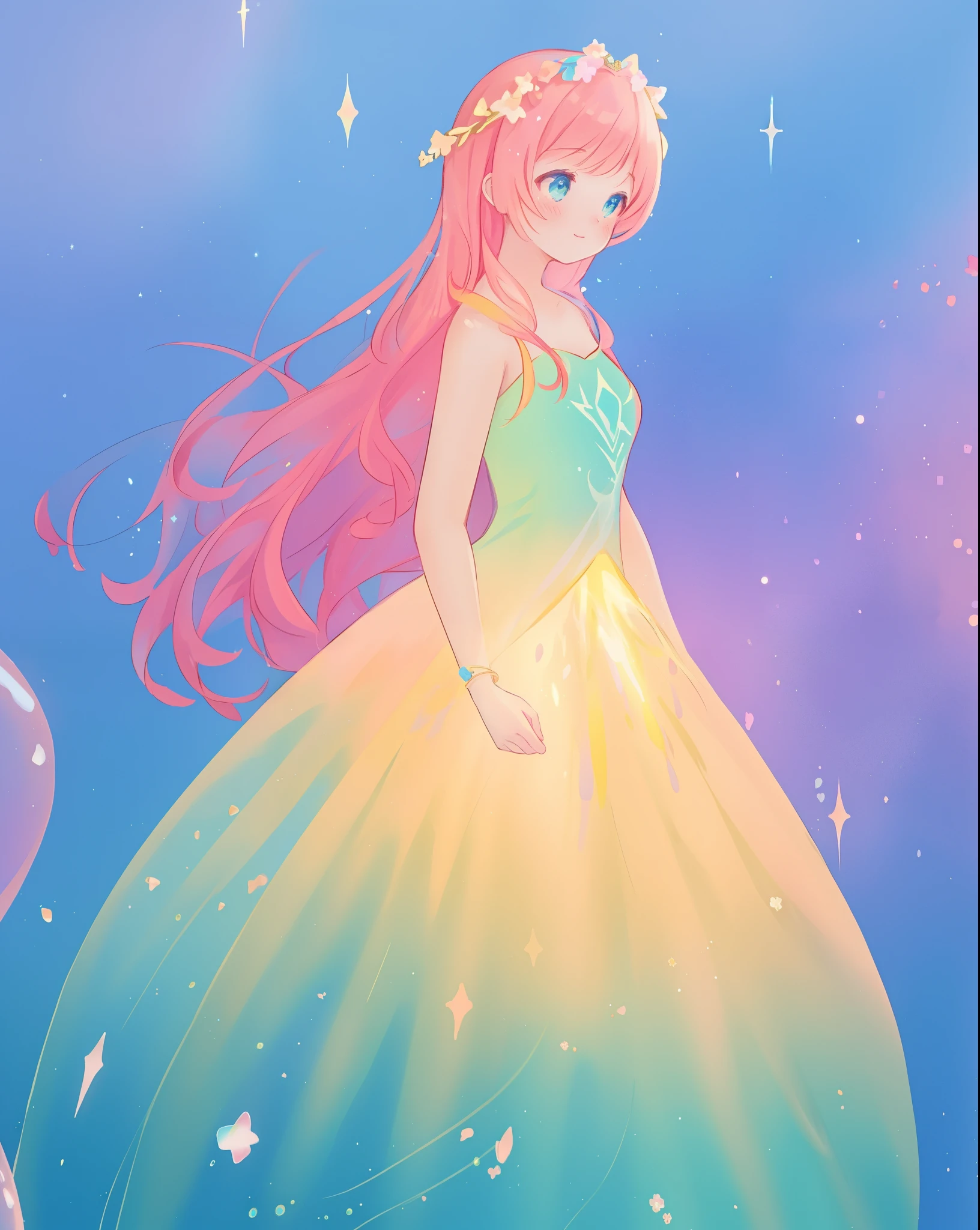 beautiful girl in sparkling gradient ballgown, long wavy peach pink hair, vibrant pastel colors, (colorful), colorful watercolor background, ethereal, magical lights, sparkling liquid light, inspired by Glen Keane, inspired by Lois van Baarle, disney art style, by Lois van Baarle, glowing aura around her, by Glen Keane, jen bartel, glowing lights! digital painting, flowing glowing hair, glowing flowing hair, beautiful digital illustration, fantasia background, whimsical, magical, fantasy, beautiful face, ((masterpiece, best quality)), intricate details, highly detailed, sharp focus, 8k resolution, sparkling detailed eyes, liquid watercolor