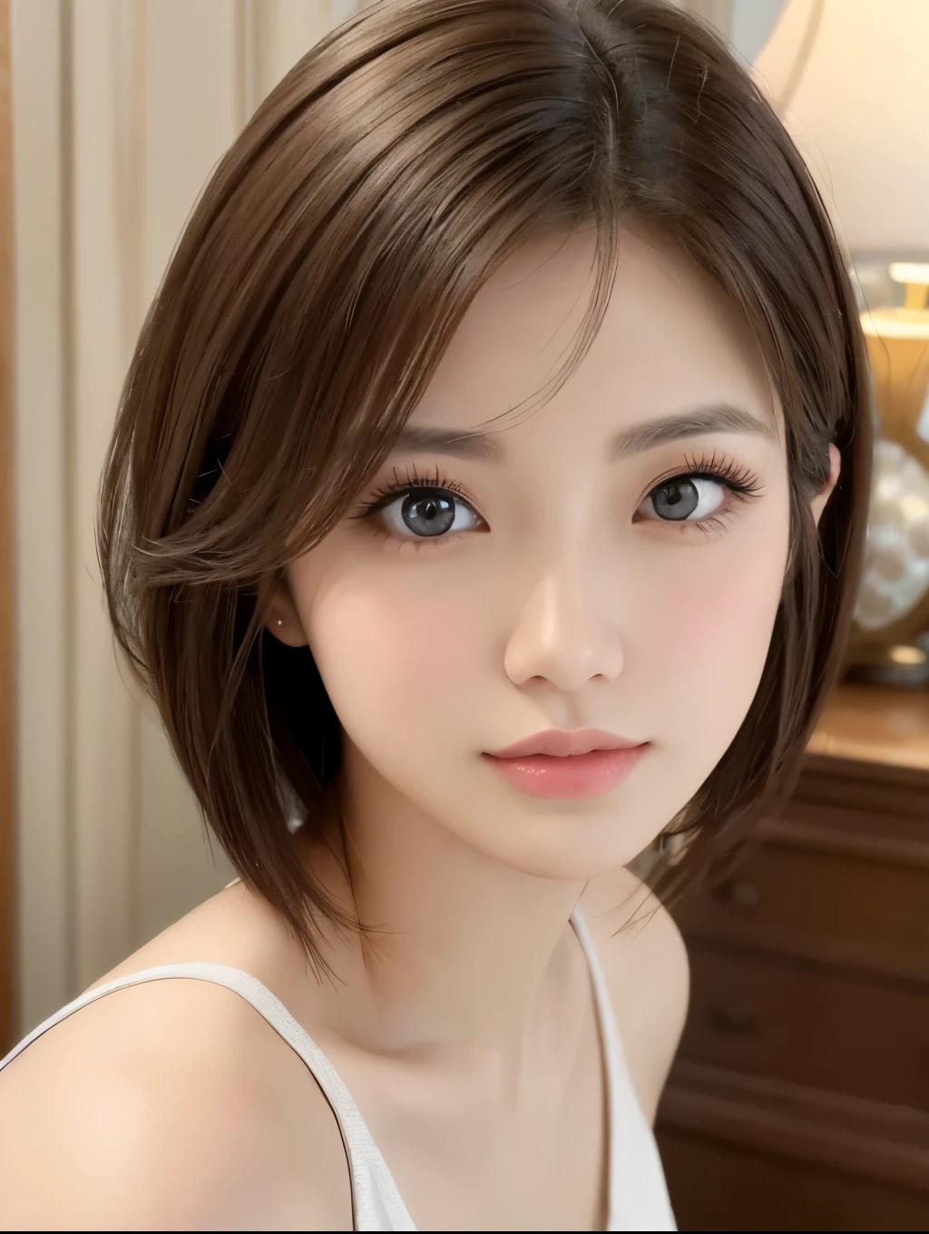 masterpiece、Highest quality、High resolution、Tabletop、wallpaper、Realistic、Bright lighting、Professional Lighting、Face Light、Smooth lighting、Japanese women、Adult、((Beautiful Makeup:1.2))、Beautiful woman、action、gravure、sexy、poor、so beautiful、Beautiful Skin、Beautiful and detailed、Detailed face、slim、moderately、short hair、Brunette Hair、Brown eyes、Looking at the camera、