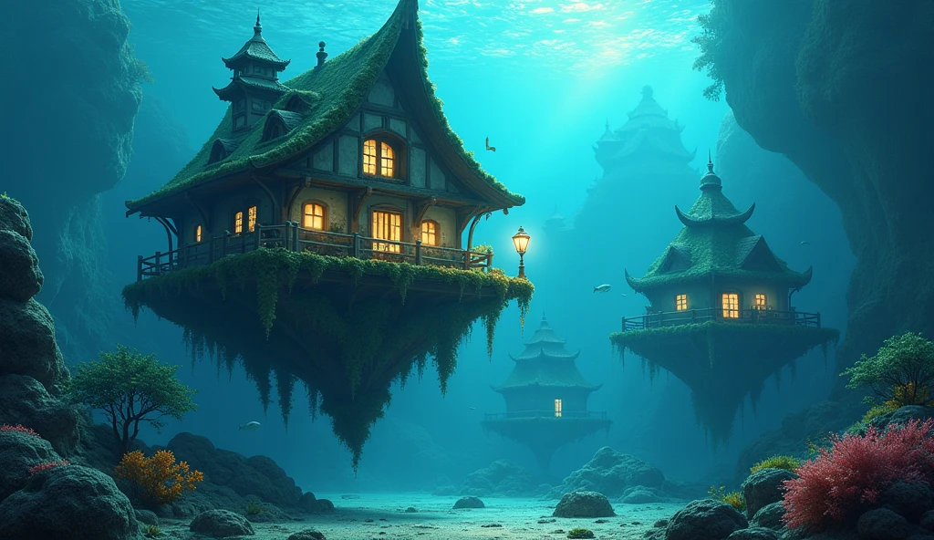 color (fantasy: 1.2), (Miyazaki style), (Irregular buildings floating on the seabed), Patchwork cottage, Moss decorations, coral, lamp, Concept art inspired by Andreas Rocha, Artstation Contest Winners, fantasy art, (Underwater city), Ross Chen, Optical axis, Realistic lighting, masterpiece, high quality, Beautiful graphics, High Detail, masterpiece, high quality, Beautiful graphics, High Detail, 