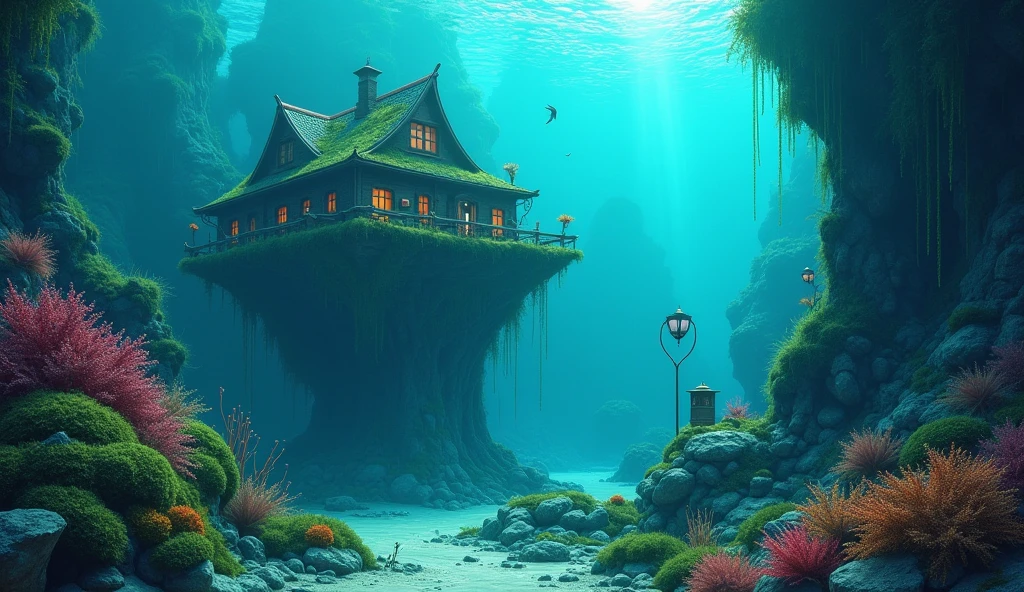 color (fantasy: 1.2), (Miyazaki style), (Irregular buildings floating on the seabed), Patchwork cottage, Moss decorations, coral, lamp, Concept art inspired by Andreas Rocha, Artstation Contest Winners, fantasy art, (Underwater city), Ross Chen, Optical axis, Realistic lighting, masterpiece, high quality, Beautiful graphics, High Detail, masterpiece, high quality, Beautiful graphics, High Detail, 
