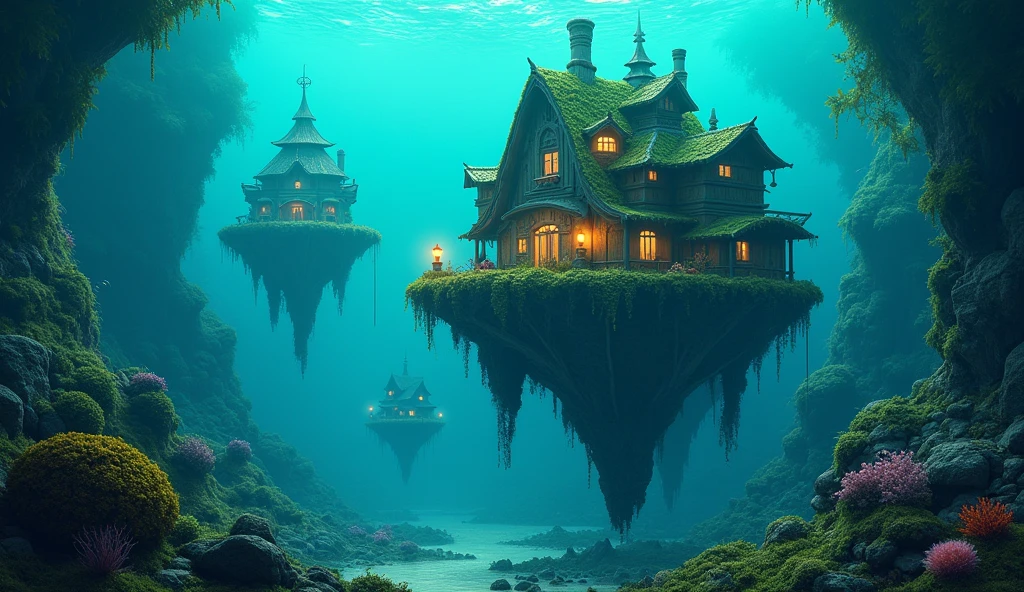 color (fantasy: 1.2), (Miyazaki style), (Irregular buildings floating on the seabed), Patchwork cottage, Moss decorations, coral, lamp, Concept art inspired by Andreas Rocha, Artstation Contest Winners, fantasy art, (Underwater city), Ross Chen, Optical axis, Realistic lighting, masterpiece, high quality, Beautiful graphics, High Detail, masterpiece, high quality, Beautiful graphics, High Detail,