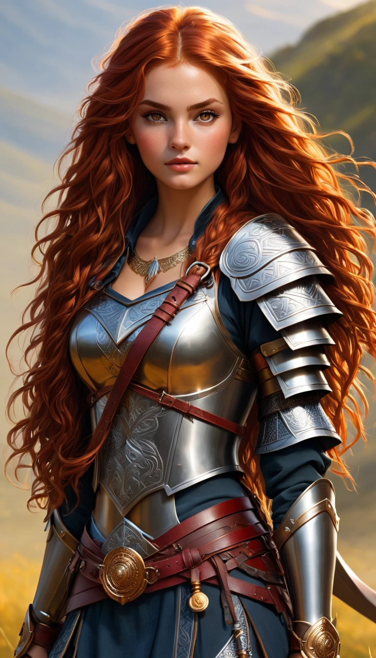 an image Nayane Laura Menequel XX weeks 13, a beautiful young woman with a friendly warrior appearance, detailed light honey eyes, long red hair, full body, ankle boots