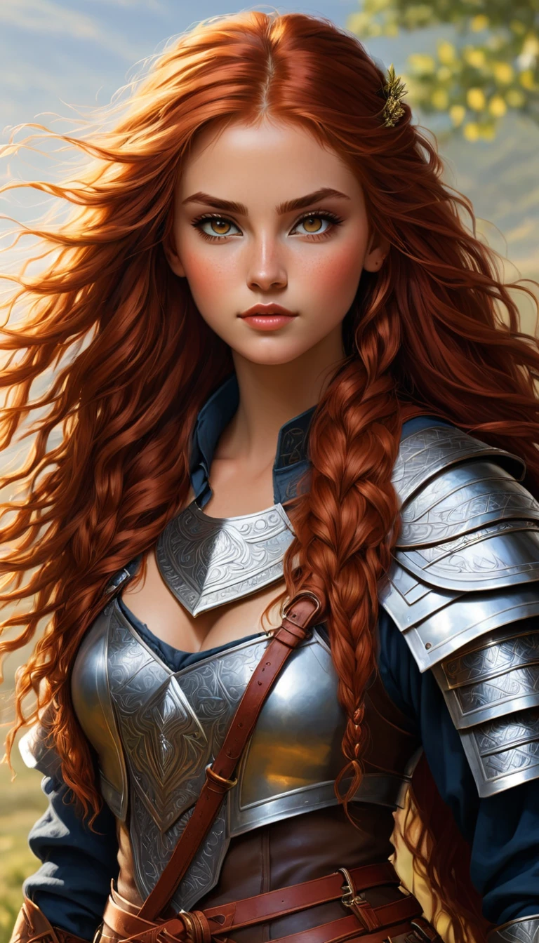 an image Nayane Laura Menequel XX weeks 13, a beautiful young woman with a friendly warrior appearance, detailed light honey eyes, long red hair, full body, ankle boots