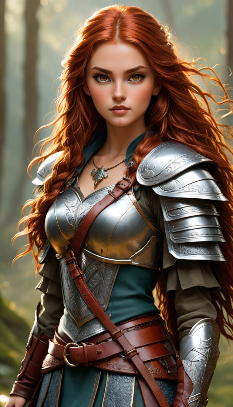 an image Nayane Laura Menequel XX weeks 13, a beautiful young woman with a friendly warrior appearance, detailed light honey eyes, long red hair, full body, ankle boots