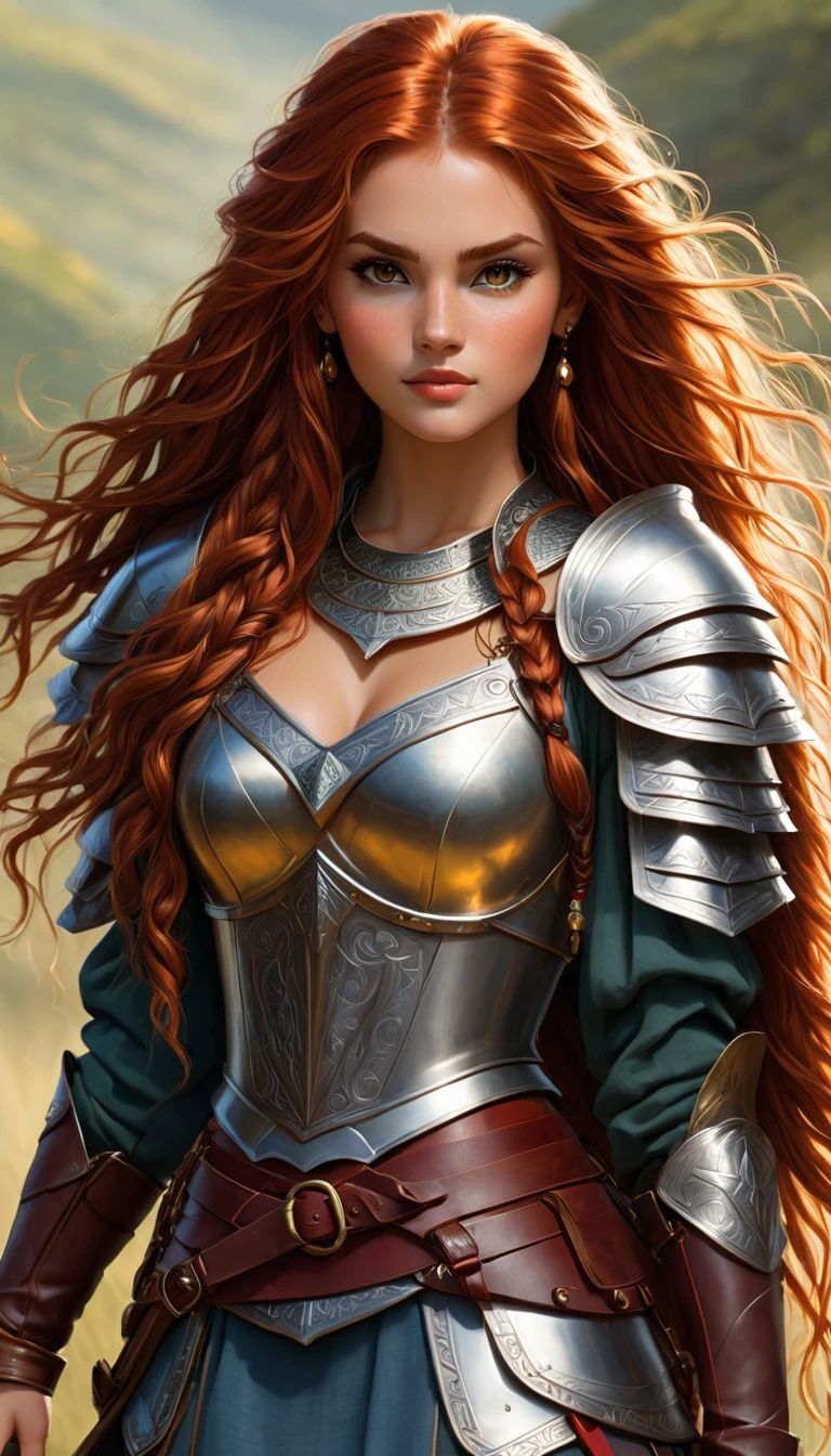 an image Nayane Laura Menequel XX weeks 13, a beautiful young woman with a friendly warrior appearance, detailed light honey eyes, long red hair, full body, ankle boots