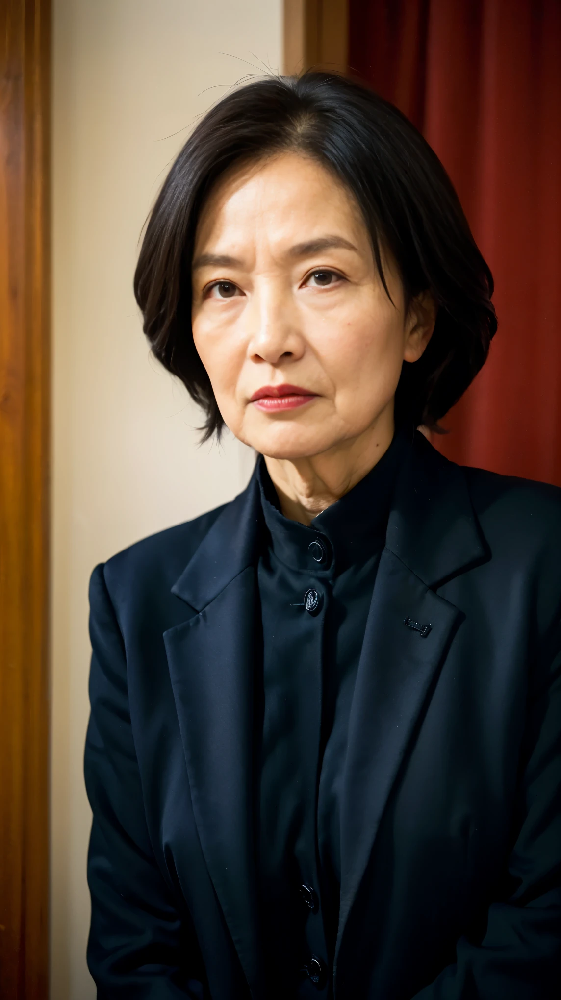 masterpiece, ((Depth of written boundary)), 32K, Beautiful finish, Face close-up, Mature Woman, 65-year-old woman, Photo of your ID, Business Person, View from the front, Aunt, Long face, A disdainful look, Cool look, Red lips, Thin lips, suit, Light from the front,
