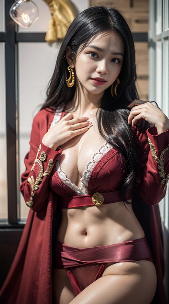 ((masterpiece:1.4, Highest quality)), ((masterpiece, Highest quality,8k)), (Photo realistic:1.4), Center of chest, woman, (Boa Hancock, Cape, Epaulettes:1.2, Cleavage:1.2, jewelry, Earrings), ((Red abdomen: 1.2)), Cleavage, (Long sleeve: 1.5), Big black eyes, cute, young, ((hand hart: 1.7)), (Asian House, interior, window, (  1.5), smile), Cowboy Shot, Professional Lighting, Physically Based Rendering、Very beautiful proportions、have confidence々Lower Body、