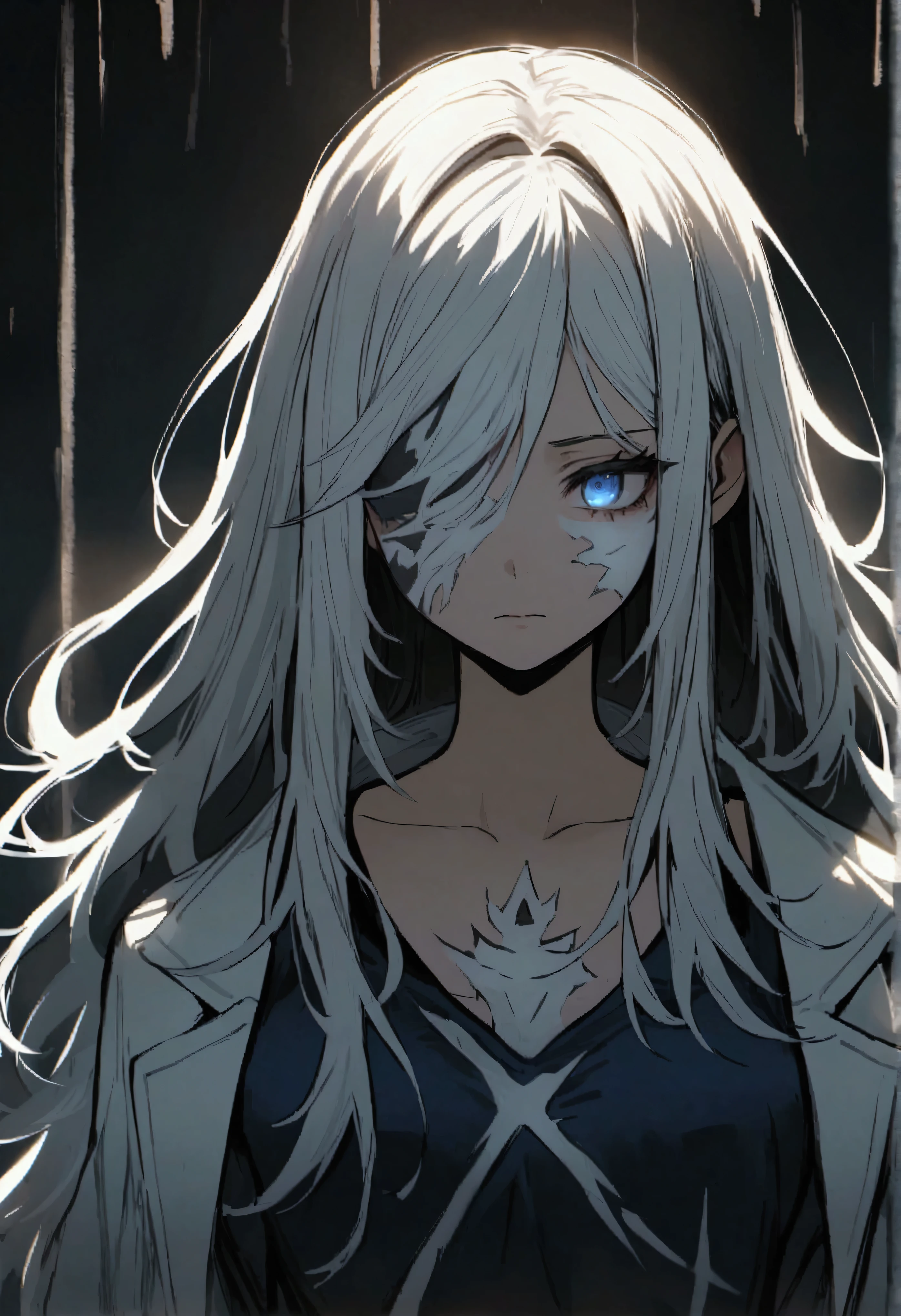 age girl, tidy hair, long hair, multicolored gray and white hair, eye white, face neutral, white tattoos on the body, ripped dark blue shirt, white overcoat, aura of metals around