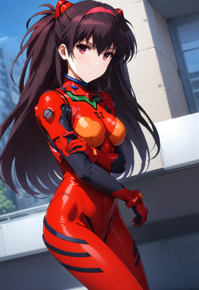 (masterpiece, best quality,solo:1.4),(1 woman,long black hair,:1.2),looking at viewer,large breasts,animetoreal,soft light, delicate face,1girl,standing, full body, souryuu asuka langley, neon genesis evangelion, rebuild of evangelion, plugsuit, pilot suit, red bodysuit,in campus