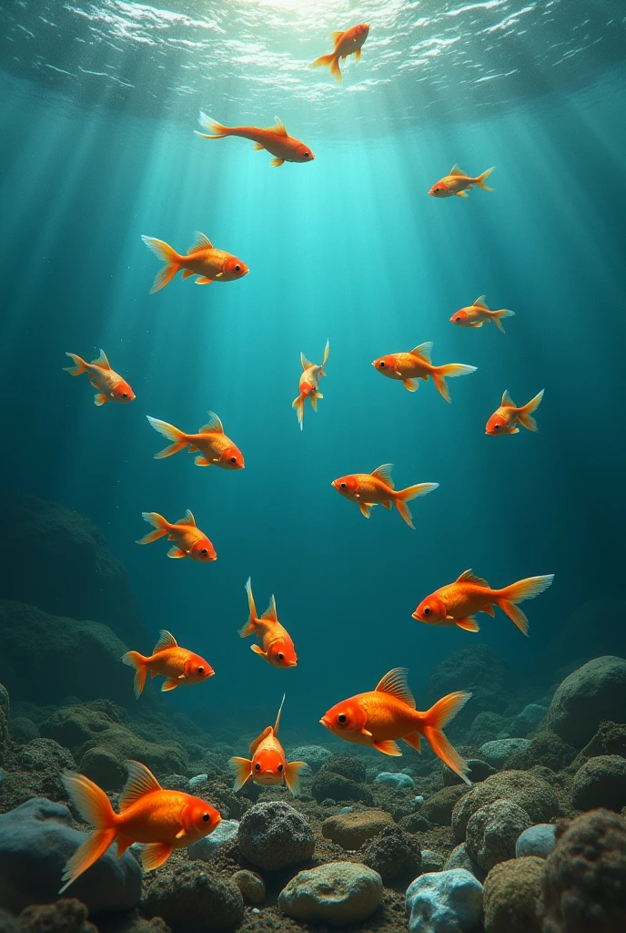 A group of goldfish watching garbage sink into the sea
