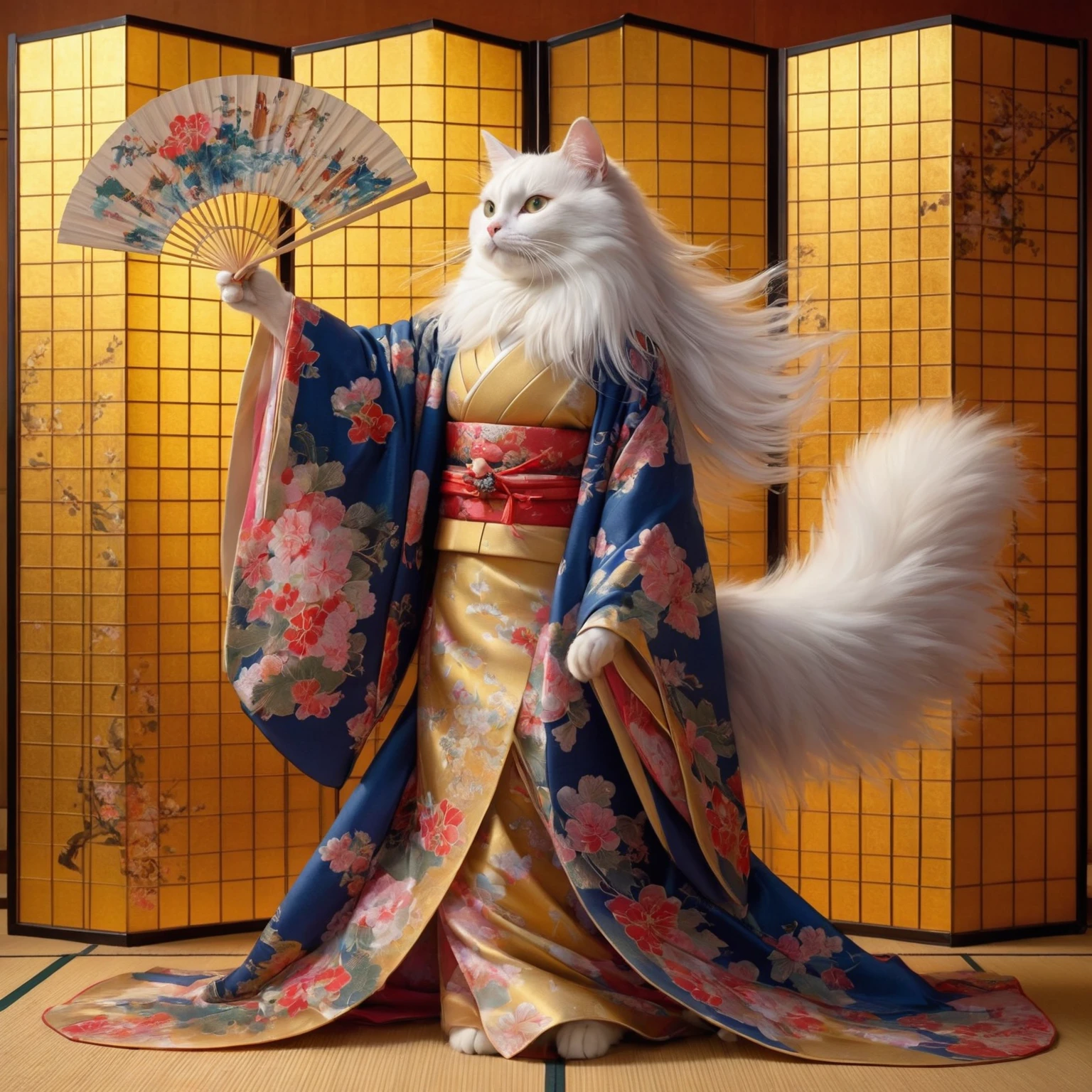 Realistic Portrait of a Cat in Japanese Kimono - Beautiful Long-Haired White Cat, Beautiful Long Hair, (Traditional Japanese Costume), (Banquet Hall,, Traditional Japanese Room:1.5), Gold Folding Screen on Background, DOAXVV_Mary Rose, One Girl, Country, Slender Body, Japanese Traditional Fan in Hand, Dance with Open Hands super high resolution, retina, masterpiece, accurate, anatomically correct, super detail, attention to detail, high quality, top quality, high resolution,