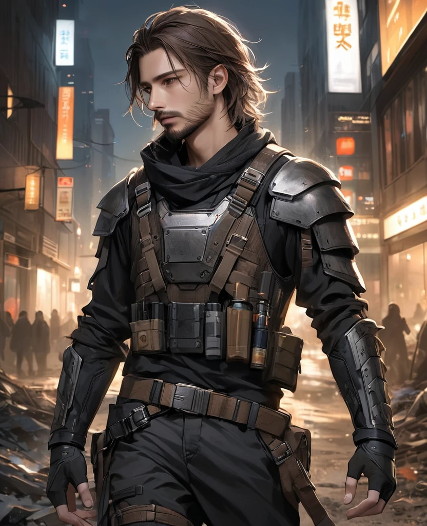 masterpiece, best quality, realistic, 1man, quiet young man, 21 years old, background: city at night, shoulder length hair, dark brown hair, skinny, full stubble facial hair, medium hair, unkempt appearence, messy hair, masculine features, toned but thin, stubble facial hair, looking worn down, caucasion, white boy, facial hair, stubble, beard stubble, not muscular, kevlar armor, Post-apocalypse, doomsday wasteland style, fingerless gloves, gloves, belt, full body, armor, standing, simple background, clean, rebellion clothes, civilian