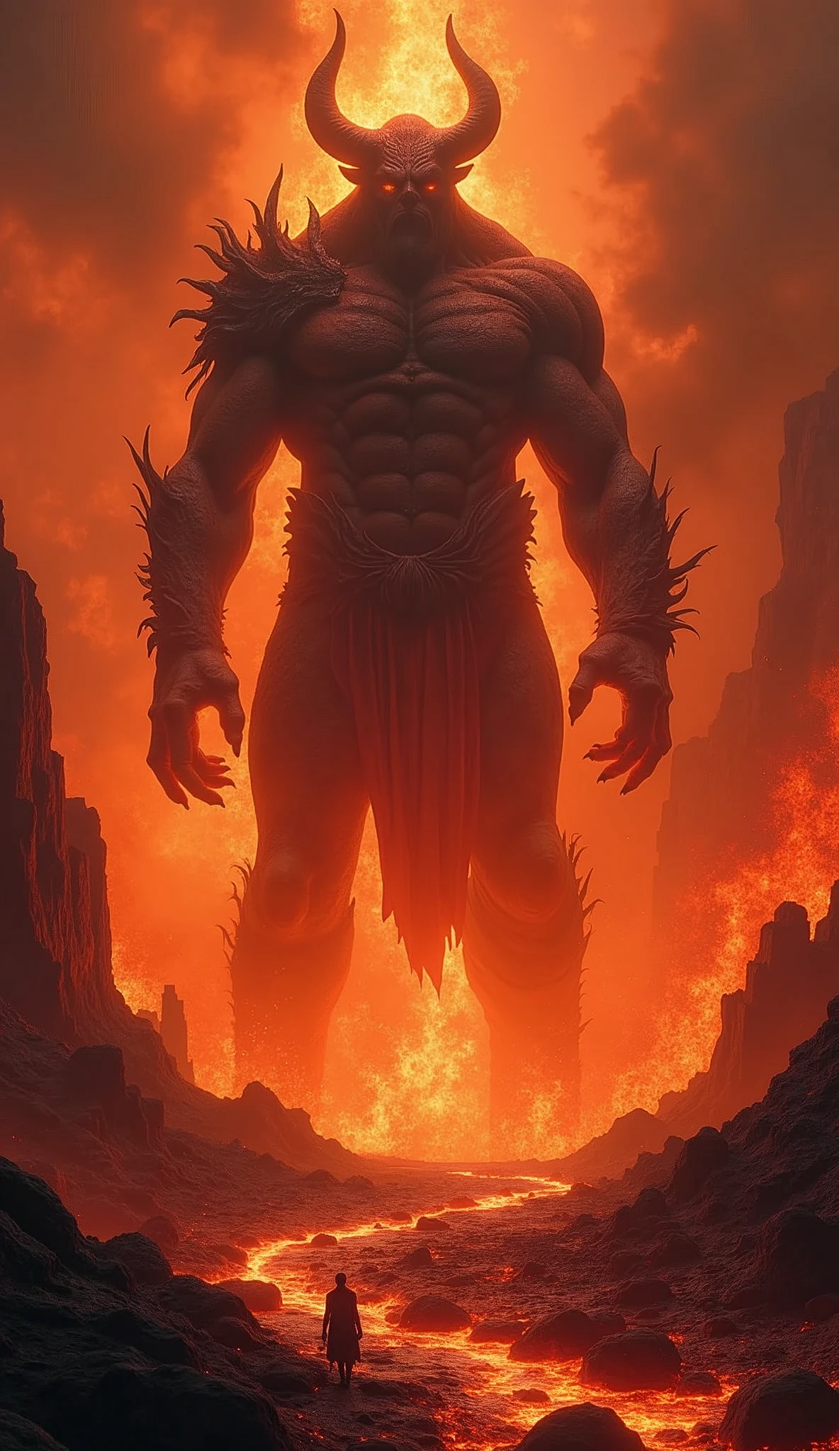Giant standing in lava,Lava Demon,Burning City,Epic graphics,Movie Posters